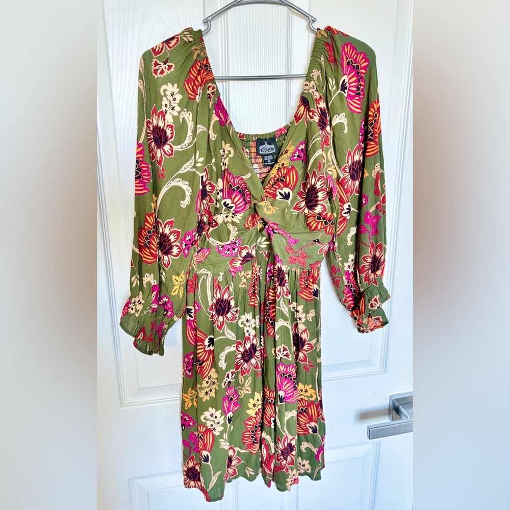 Angie Green Floral Long Sleeve Dress with Knotted Front